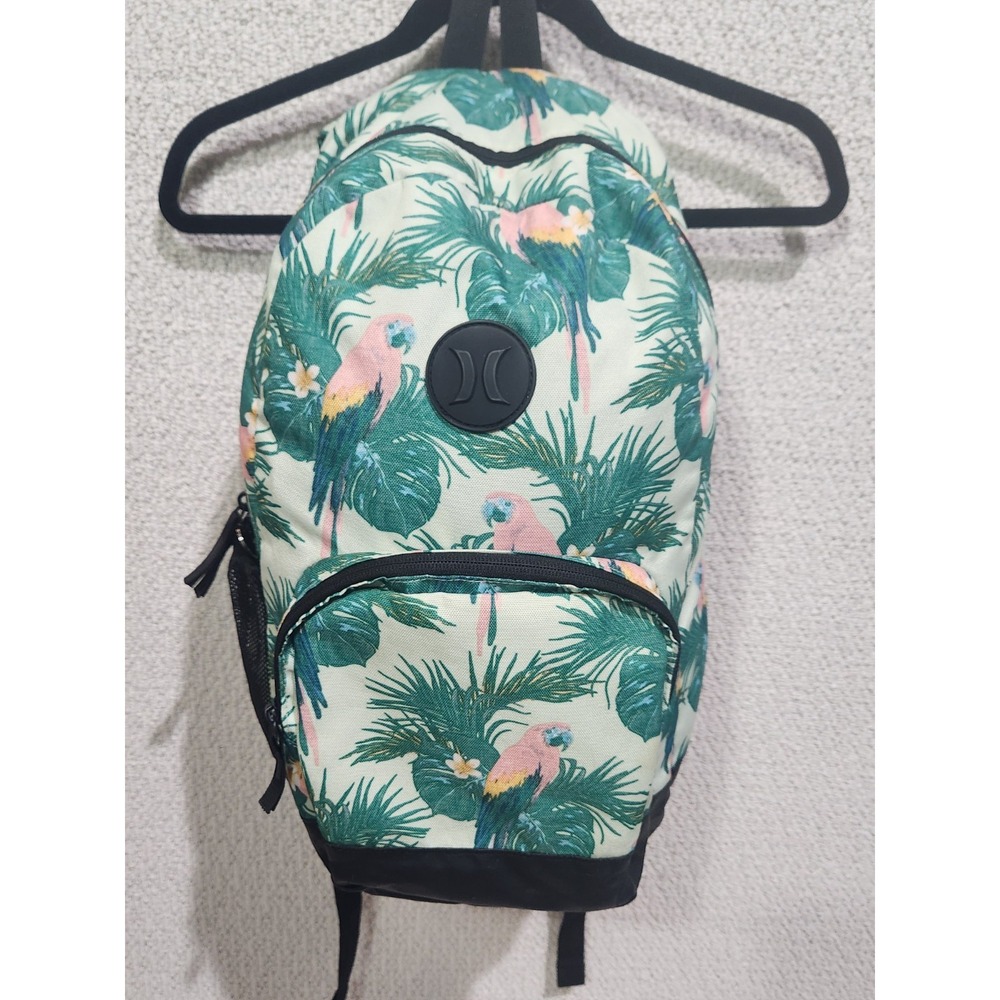 Hurley Backpack Tropical Parrot‎ Green Pink Black Front Pocket Adjustable Straps